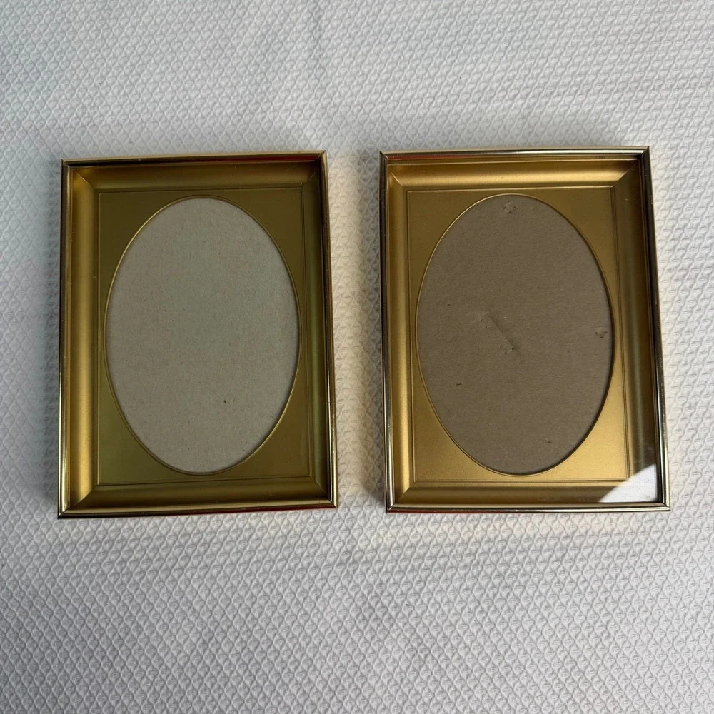 Vintage Gold Tone Metal Picture Frames Set of 2 Oval Opening 5x7 Tabletop Wall